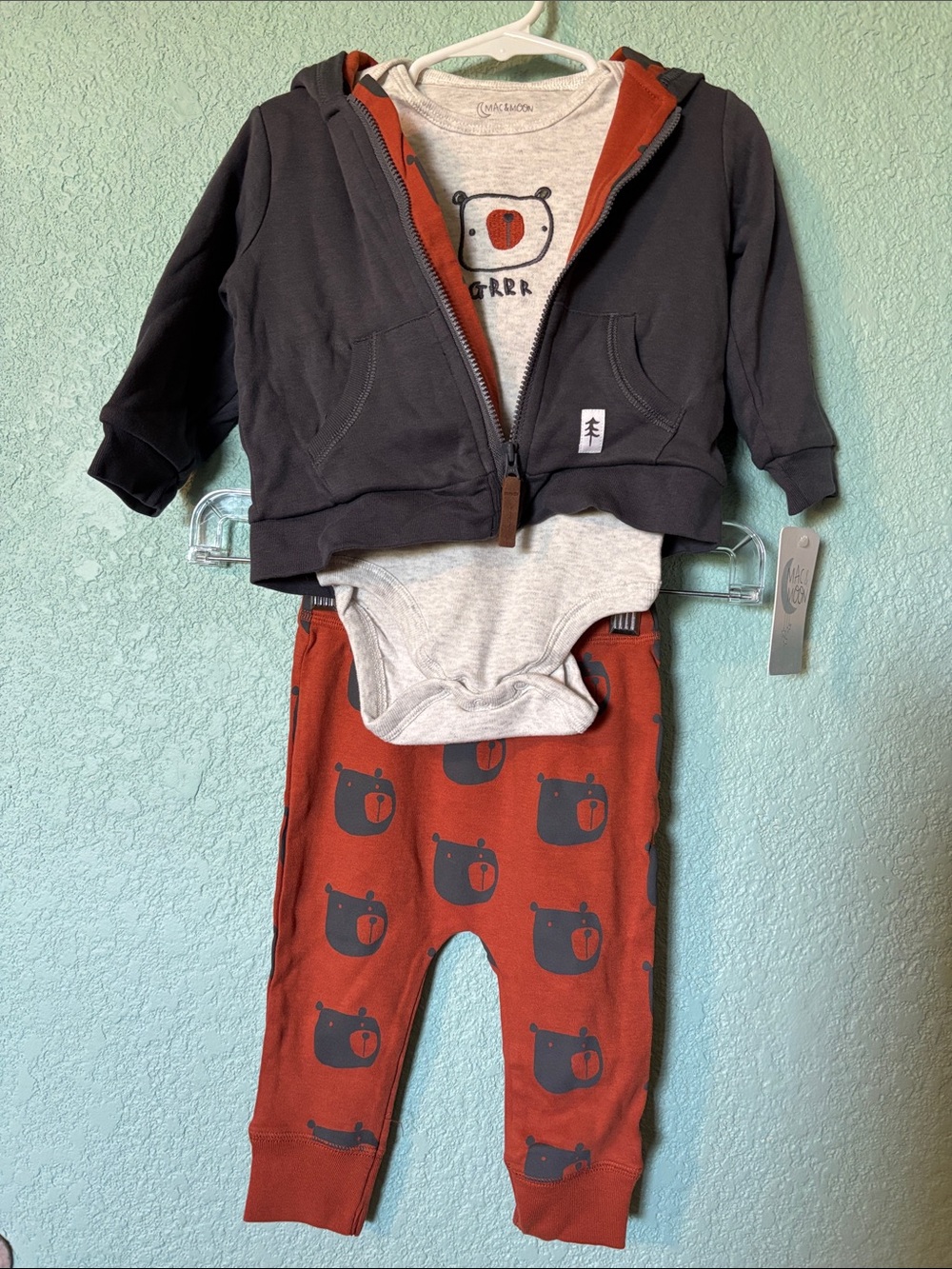 Mac & Moon Baby 3-Piece Bear Long Sleeve and Pants Set Gray Rust 12 mos NWT